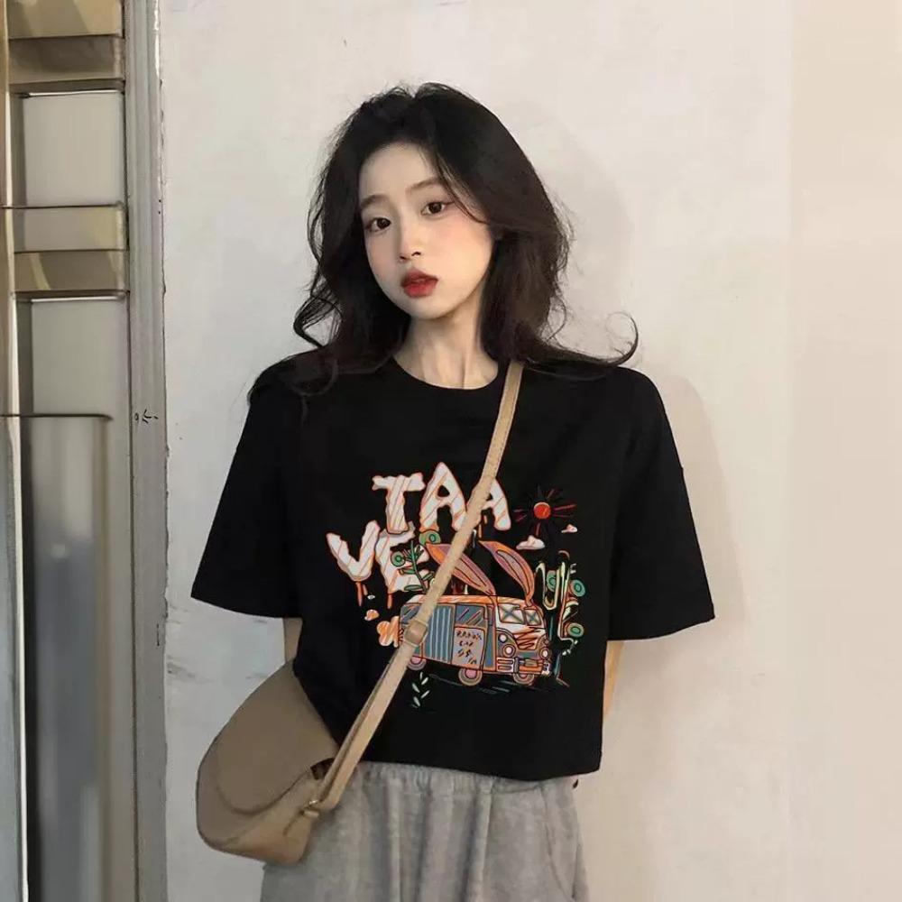 Pure Cotton Short T-shirt Design Summer Hot Girl Short Sleeve Black Loose Top