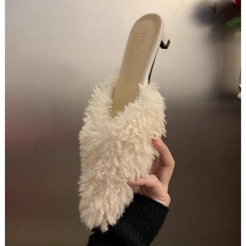 Роскошные мюли на низком каблуке с мехом, женские, розовые, сексуальные тапочки, женские туфли-лодочки с острым носком на шпильке, плюшевые сандалии, зимняя обувь для вечеринок