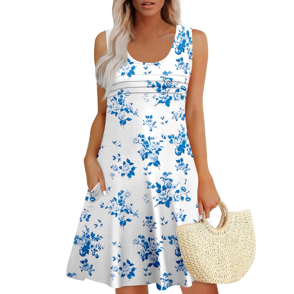 Женские летние платья Свободные сарафаны без рукавов Платье с карманами