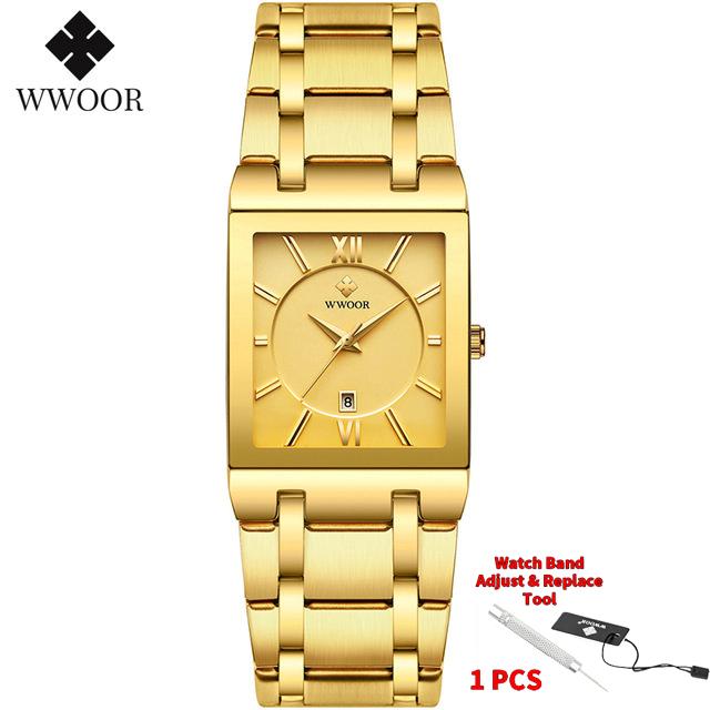Fashion Stainless Steel Watches Men WWOOR Square Waterproof Quartz Watch Men Top Brand Luxury Gold Black Wristwatch For Man