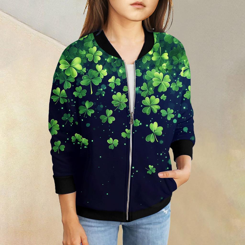 Девочки куртки на молнии детские осенние толстовки с длинным рукавом верхняя одежда с карманами St. День Святого Патрика 5-15 лет