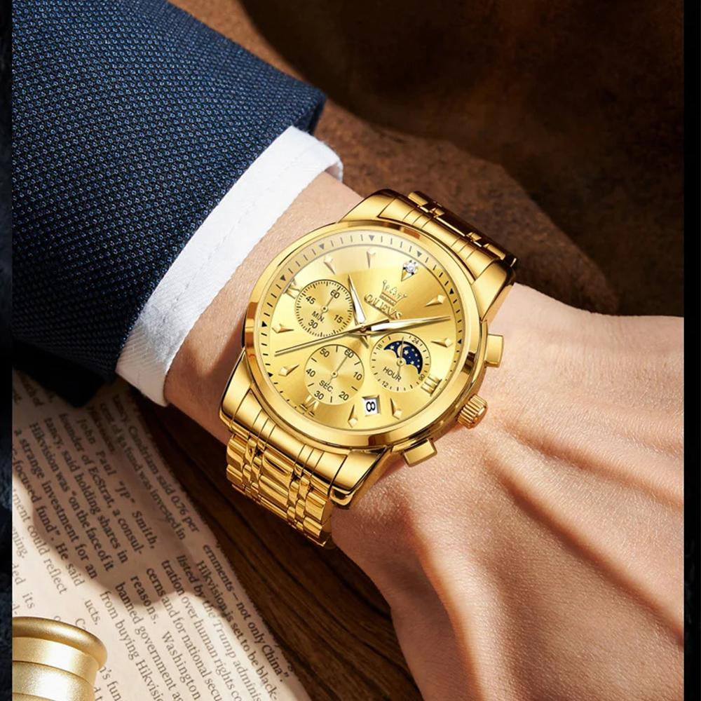 Роскошные кварцевые часы-хронограф для мужчин, модные многофункциональные, с фазой Луны, водонепроницаемые, с люминесцентной подсветкой, с датой, деловые мужские часы