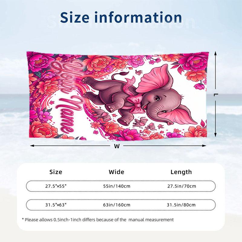 Elephant Theme Beach Towel Personalized Custom Name & Text Soft Quick Dry Beach Towel for Swimming Travel