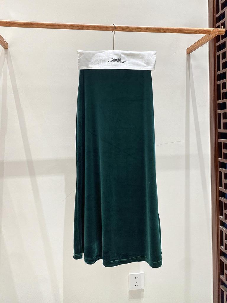 2025 Осень Женская Юбка Миди из Бархата с Завышенной Талией и Хвостом Русалки - Приталенный Дизайн в Национальном Стиле А-силуэта