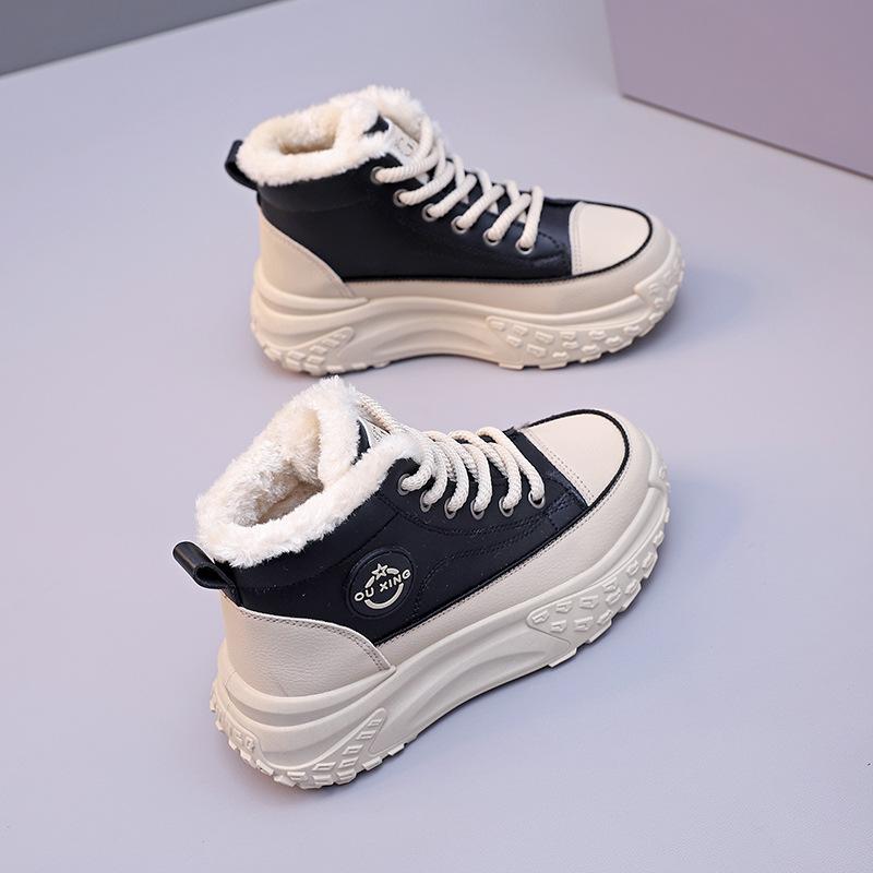 Women's Winter Style Flat Boots Fleece Lined Thickened Warm Cotton Shoes High Top Little White Shoes