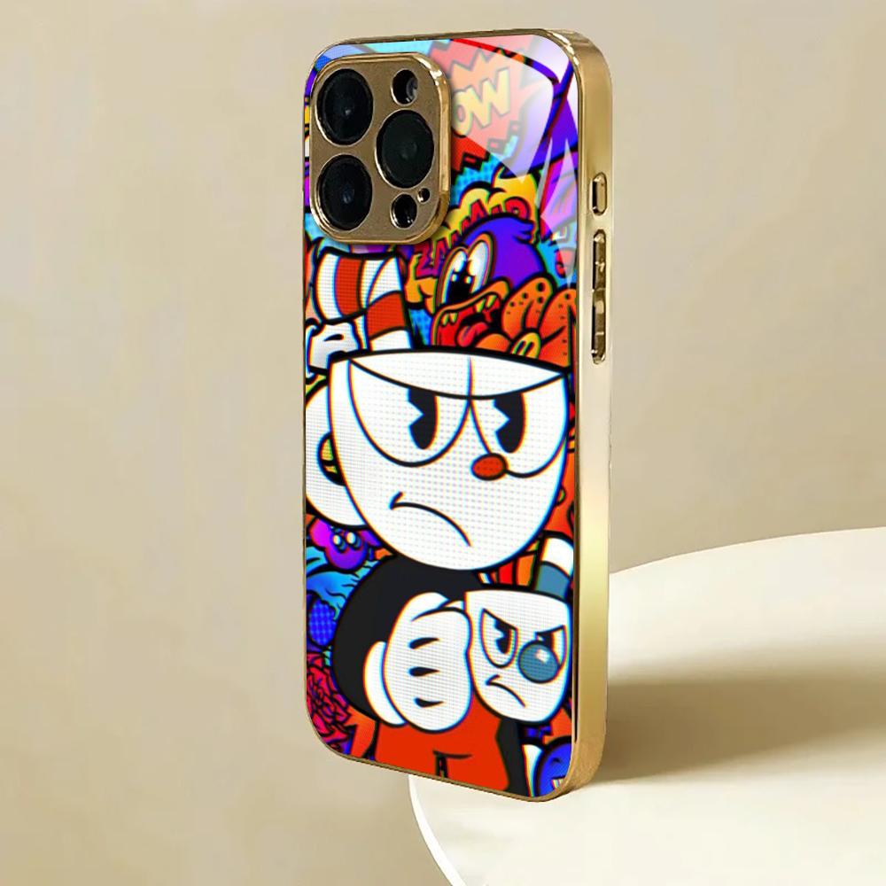 Милый чехол-кружка с классическим мультяшным рисунком Для iphone 17 16 15 14 13 12 11Pro Plus Max Роскошный позолоченный стеклянный чехол для телефона