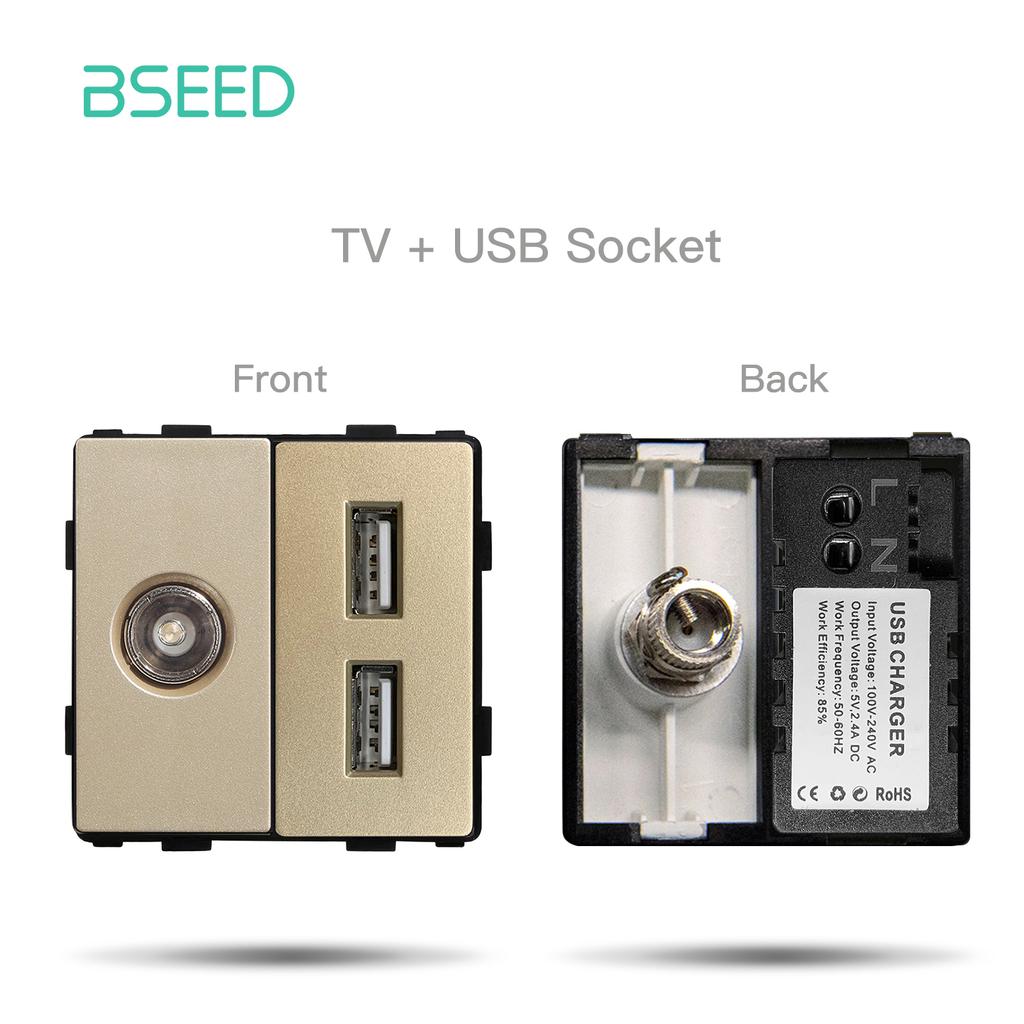 BSEED DIY EU Standard TV Satellite USB Sockets Button Switches With Crystal Glass Frame Panel Gold Home Improvement DIY Free