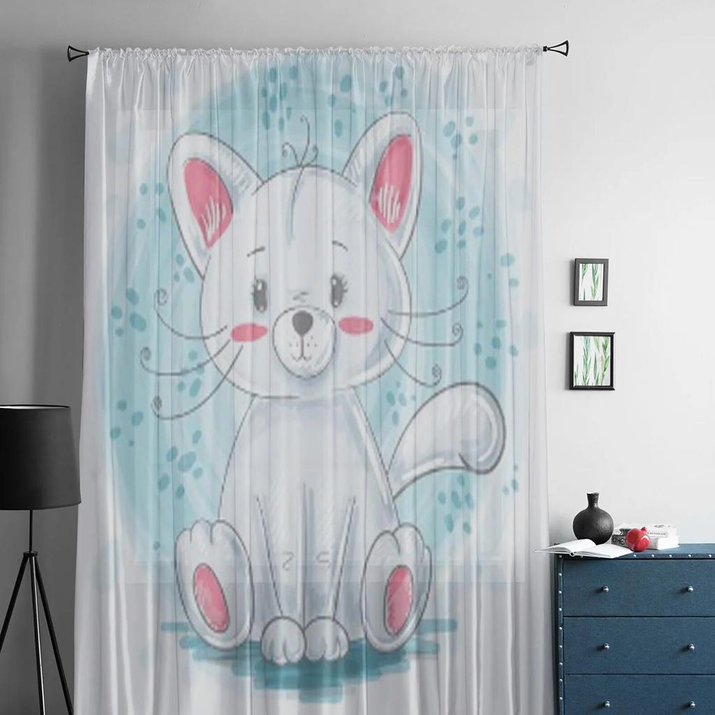 Прозрачные шторы с милым котом для спальни, гостиной, тюлевые шторы для кухни, оконные вуали, шторы