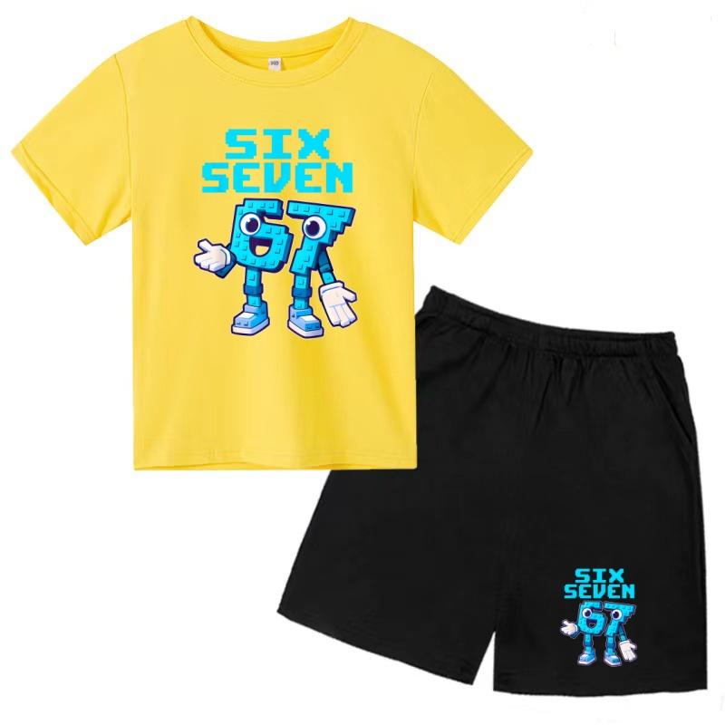 Kids Trend 67 Number Six Seven Print Coat Cool Summer T-shirt 3-12Yrs Cartoon Short-sleeved+Shorts Boys Girls Sports Casual Set