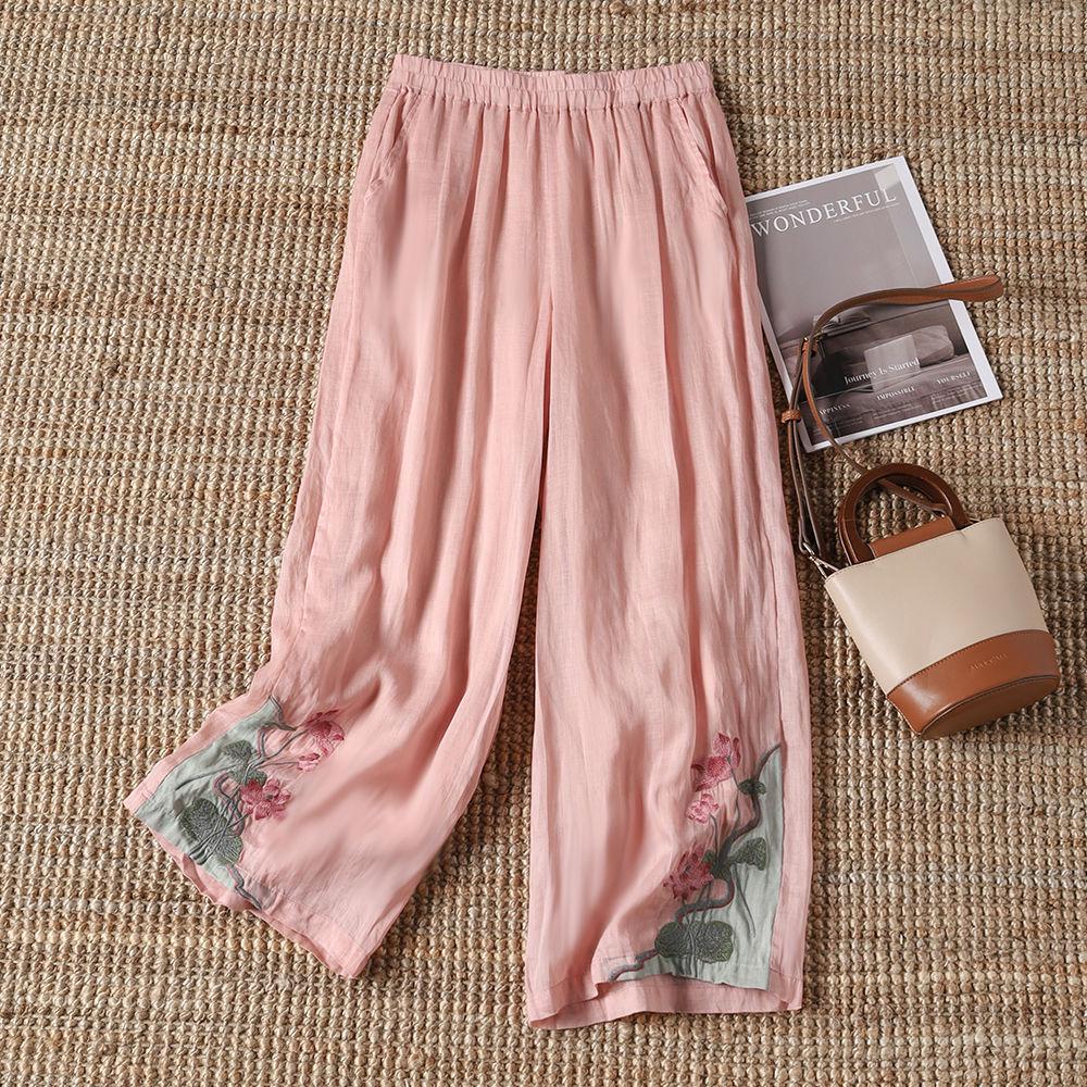 Women's Summer Chinese-Style Embroidered Elastic Wide-Leg Pants