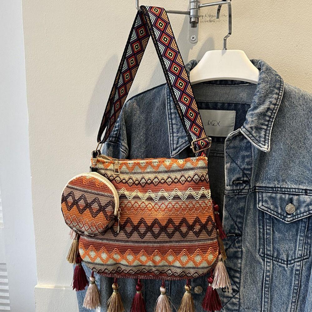 Плетеная сумка Этнический стиль Сумки через плечо Сумка через плечо в стиле бохо с кисточками Сумка через плечо с бахромой Уличная сумка через плечо