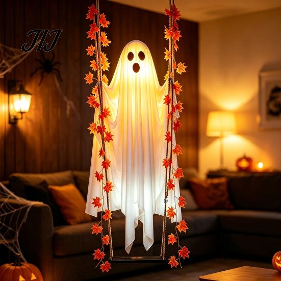 Weather Resistant Ghost Decor Halloween Hanging Swing Decoration with Maple Leaf, LED Lighted Large Spooky Swinging Remote Control for Porch Yard Lawn
