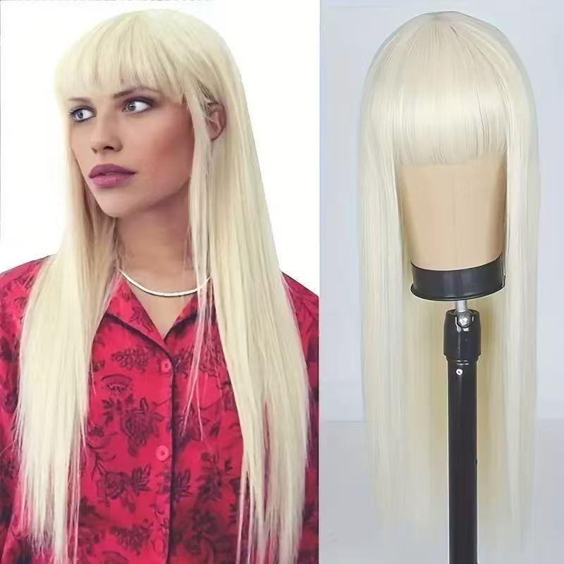 Fashion Qi bangs wig women's full head cover Zhang Yuanying same medium black long straight simulation daily whole wig cover