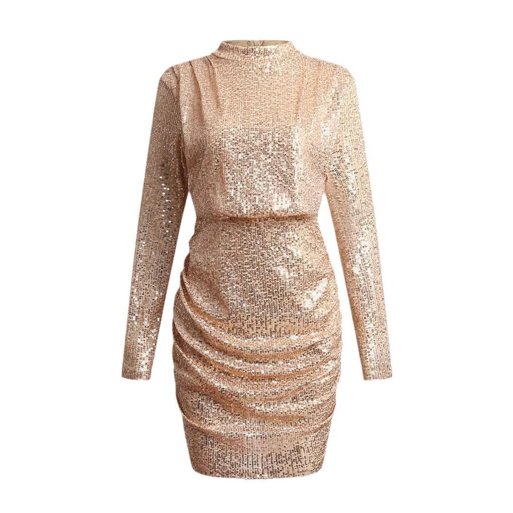 2025 Женское сексуальное платье миди бодикон с V-образным вырезом и длинными рукавами, украшенное пайетками, с короткой юбкой на завязках