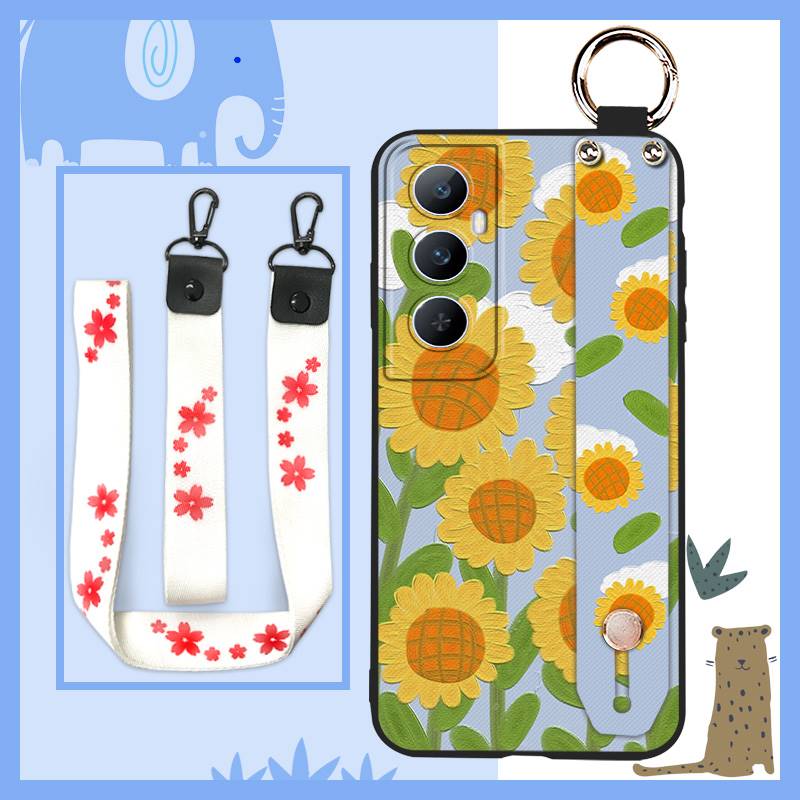 Phone Holder Durable Phone Case For Realme C65 Oil Painting Anti-dust Flower Silicone Shockproof Wristband Waterproof