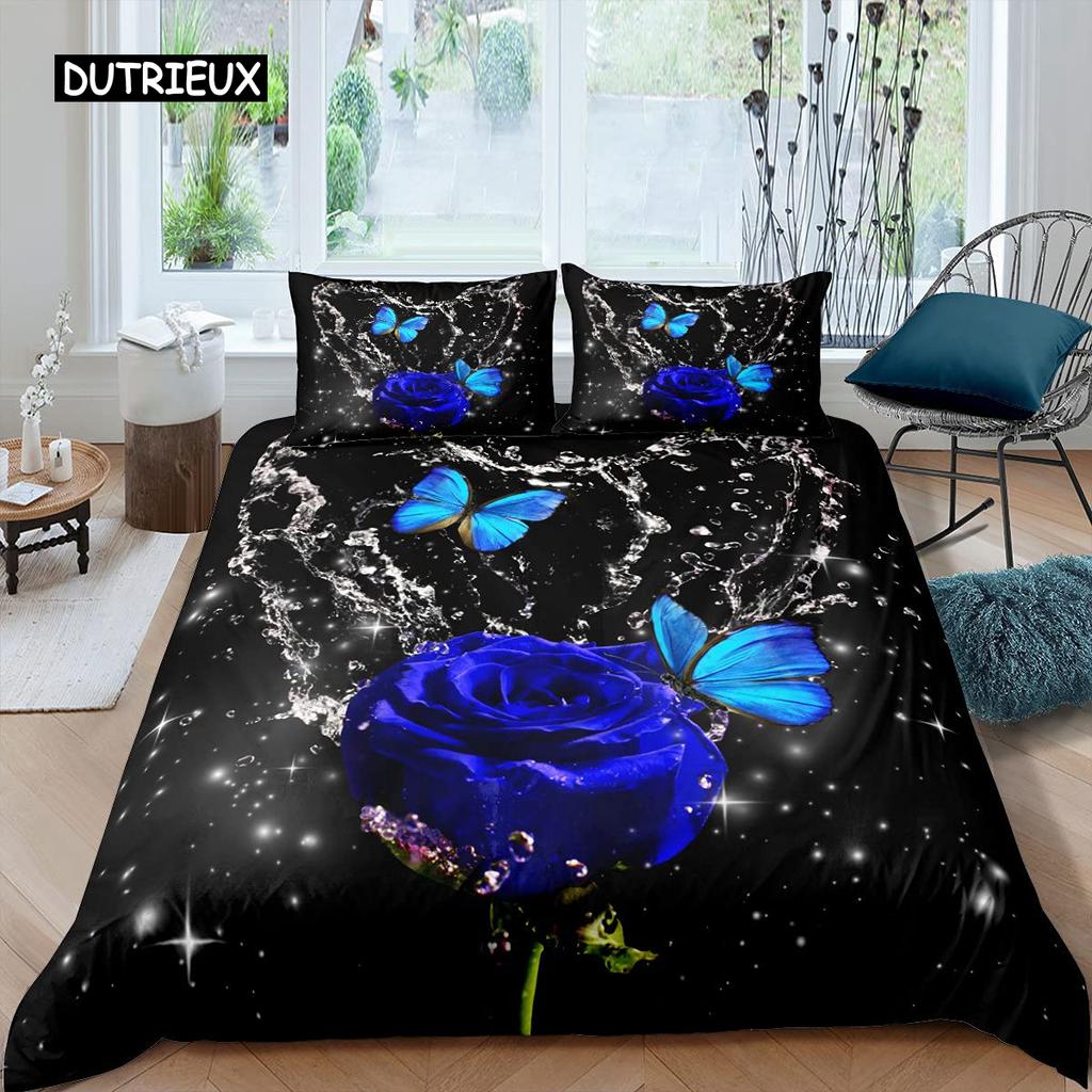 Комплект постельного белья с розами для женщин, шикарный фиолетовый комплект постельного белья с цветочным принтом, романтические цветы, блестки, королевского размера, покрывало для пар