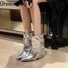 Designer Street Style Women Silvery Ankle Boots Fashion Pointed Toe Short Booties Ladies Elegant Thick Heel Shoes