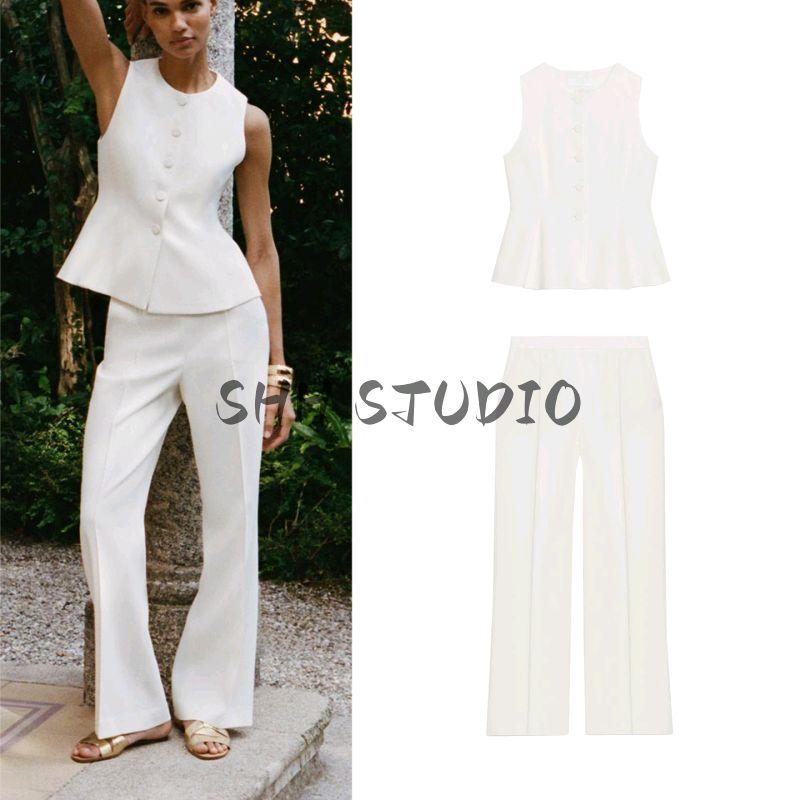 Waist-Tight Short Skirt Hem Round Neck Sleeveless Vest 8456735 High Waist Straight-leg Casual Pants 8457735