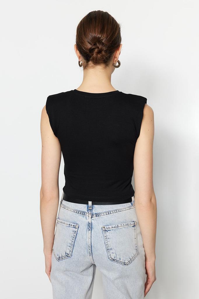 Women's Fashion Black Padded Fitted Crew Neck Crop Stretchy Knitted Blouse