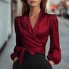 Spring Autumn V-Neck Elegant Satin Tie Waist Blouse - Stylish Office Commute 100% Polyester Women's Shirt