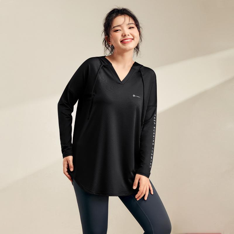 Женская майка для йоги с капюшоном больших размеров — облегающая, дышащая, быстросохнущая, с длинным рукавом для фитнеса