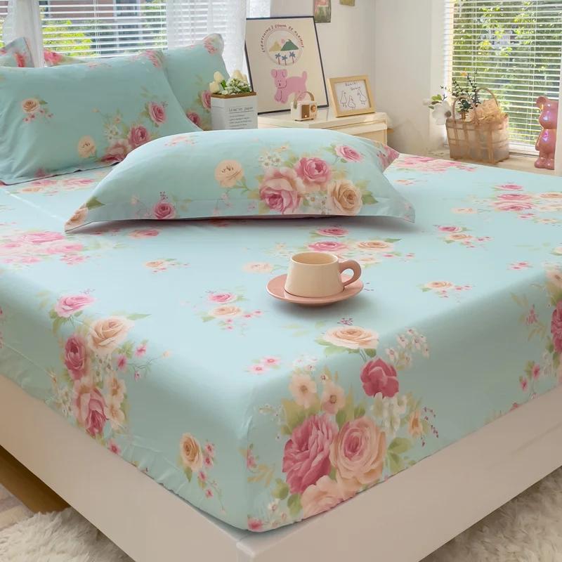 1pc 100%Cotton Bed Sheet Flower Printed Mattress Cover Single/Queen/King Fitted Bedsheet Double Bed Sheets (without Pillowcase)