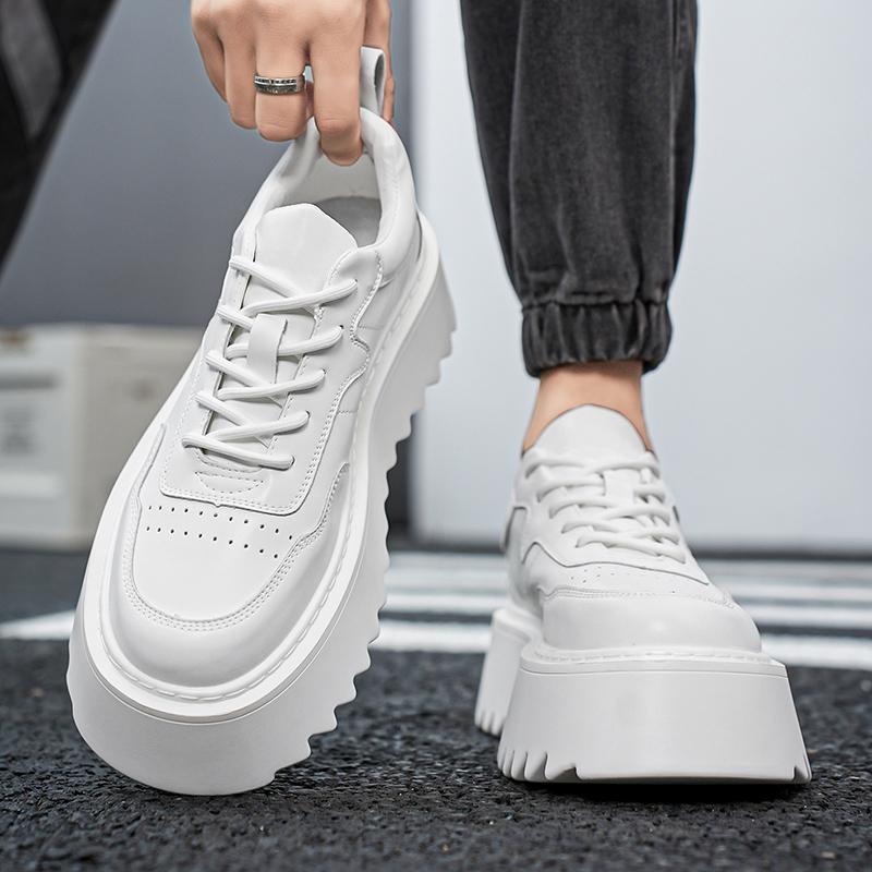 Кроссовки повседневные мужские из натуральной кожи белые туфли модные высокие на платформе с плоским носком