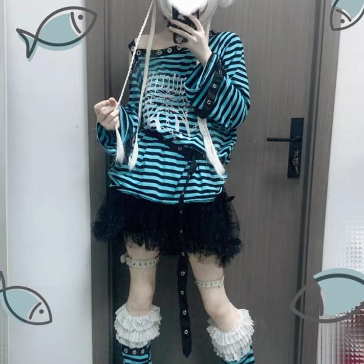 Harajuku Punk Striped Print T Shirts Y2k Gothic Girls Off Shoulder Blue Red Loose Butterfly Letter 2000s Subculture Grunge Tees