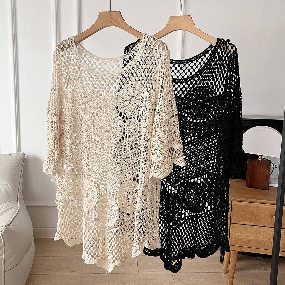 Dimanaf Новинка 2024 года, женская трикотажная кружевная Длинная пляжная праздничная футболка с v-образным вырезом и полой летучей мышью, летние стильные базовые топы, футболки, свободная одежда