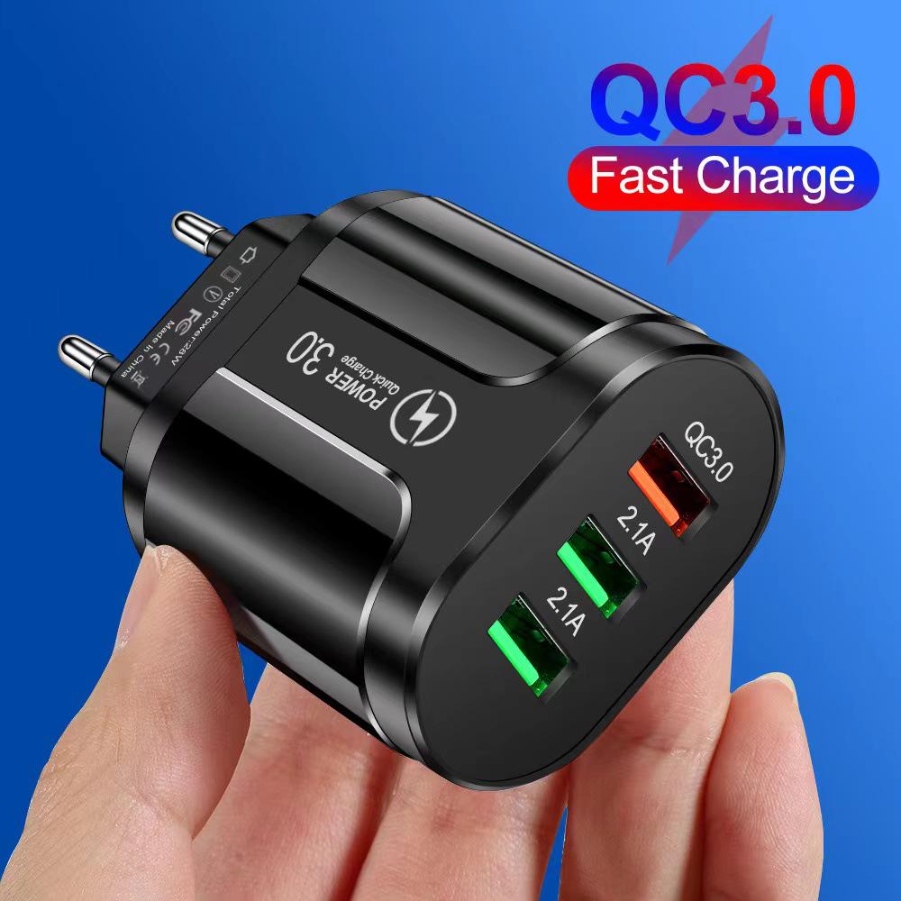 Быстрое зарядное устройство USB QC3.0: Совместимо с Apple, Huawei, европейскими и американскими стандартами, 3-в-1.