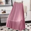 European & American Women's High-End Pleated Midi Skirt - Elegant Drapey Solid Color Big Swing Design