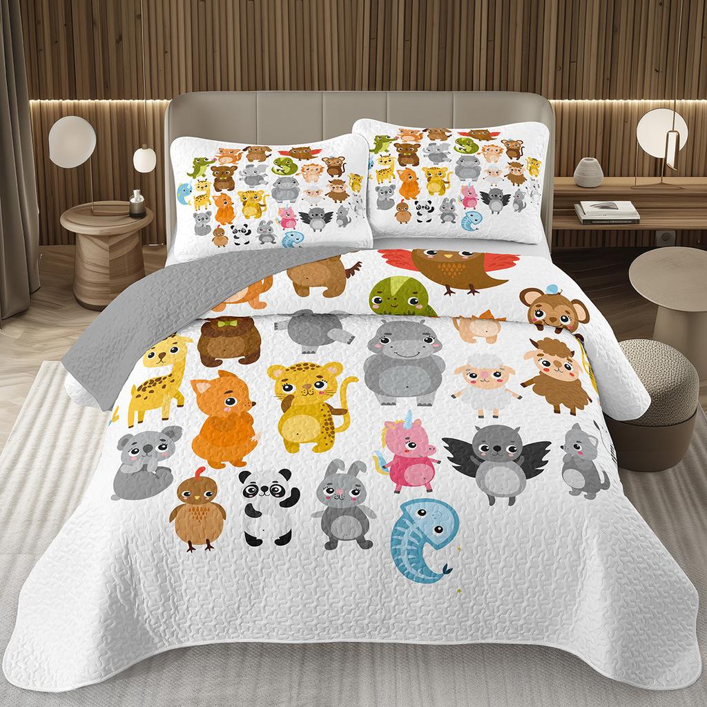Funny Cartoon Animal Bedspread Queen/Full Kawaii Elephant Panda Coverlet Reversible Grey Quilted Bedding Set For Kids Teen Room