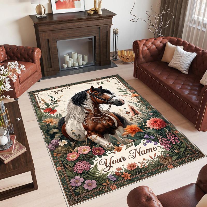 Horse Theme Crystal Velvet Floor Rug Personalized Custom Name Text Warm Carpet Home Decoration