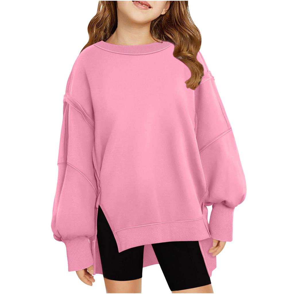 Children's Oversized Pullover Sweatshirt Girls' Round Neck Split-Front Solid Color Hoodie