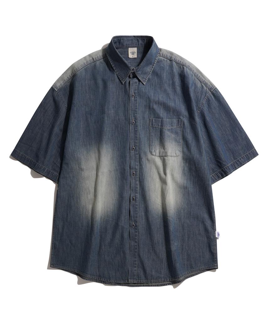 STENDS [M~4XL] Джинсовая рубашка с коротким рукавом, выцветшая, синяя