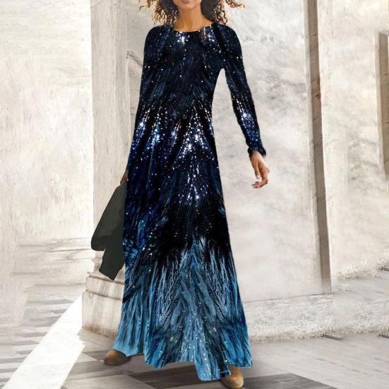 Леди Нижние юбки размера плюс длинное платье с принтом и блестками Весеннее тонкое платье макси с круглым вырезом для банкета