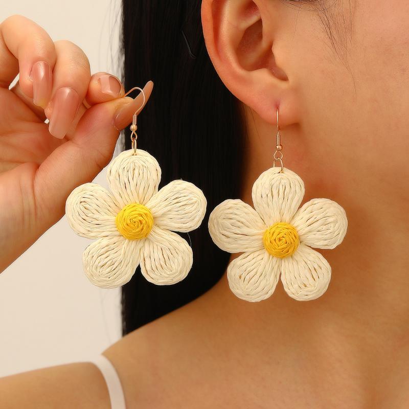 Летние серьги-подвески в виде цветка и морской звезды, женские, ручной работы, из рафии, в стиле дофаминового отпуска, преувеличенные, бохо, пляжные аксессуары