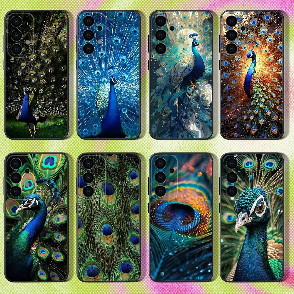 Bird Peacock Feather Phone Case For Samsung S25,S24,S21,S22,S23,S30,Ultra,S20,Plus,Fe,Lite,5G Black Cover