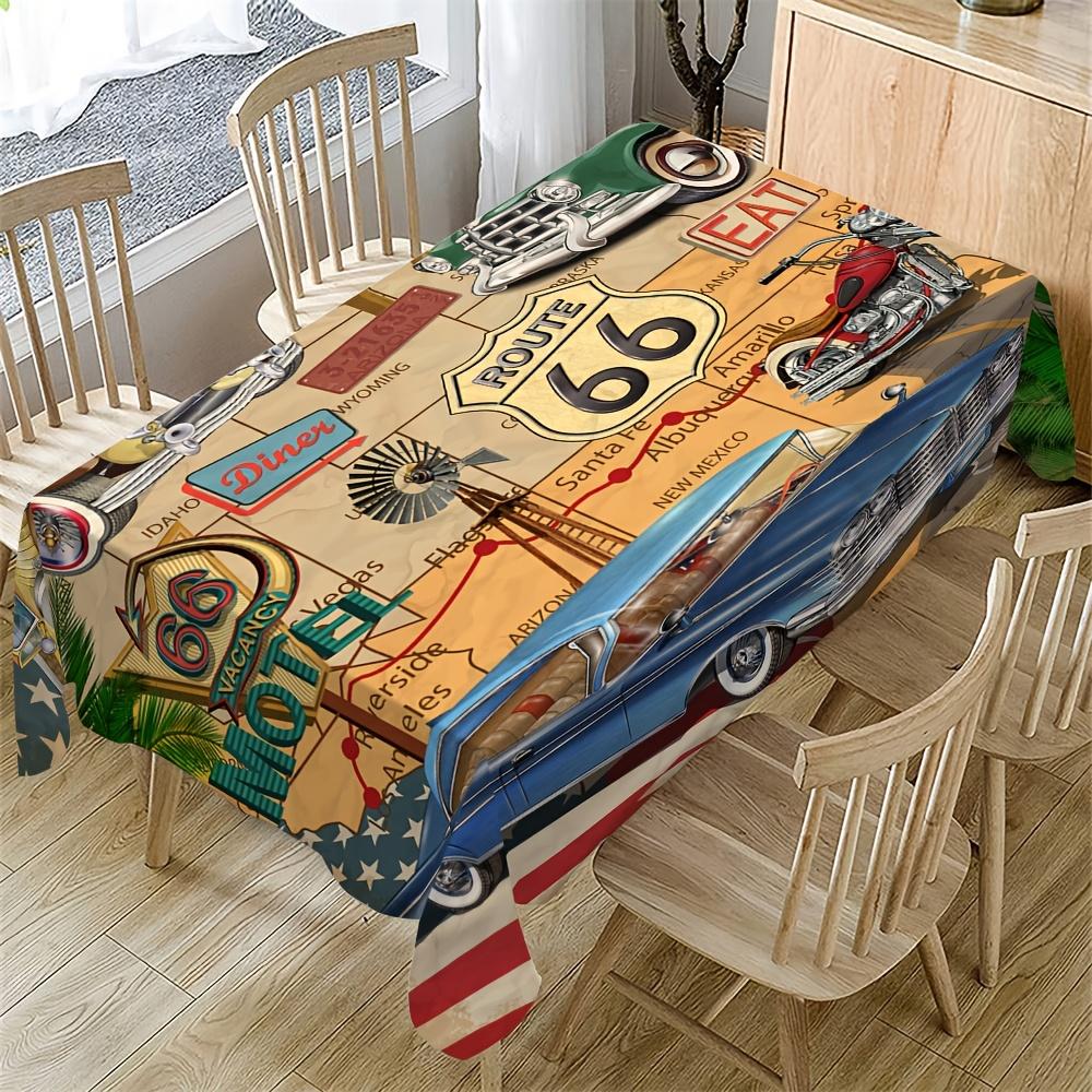 1pc Retro Style Car And Motorcycle Tablecloth, Machine Washable, Rectangular Tablecloth, Suitable for Parties, Picnics, And Dinners, with Car And Moto