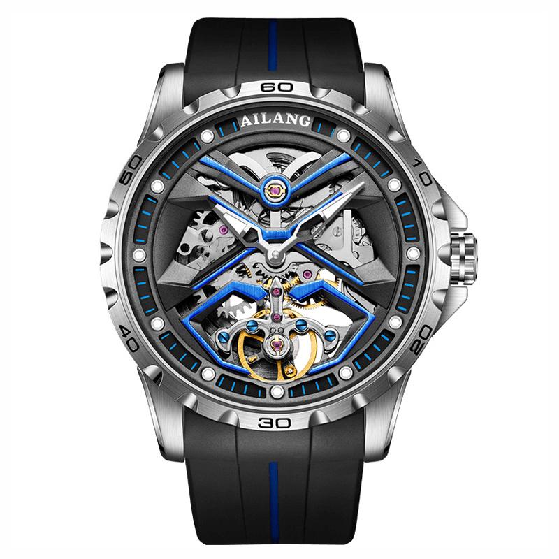 AILANG Fashion Sports Design Tourbillon Watch Men's Waterproof Rubber Strap Automatic Mechanical Watch Hollow Watch for Men