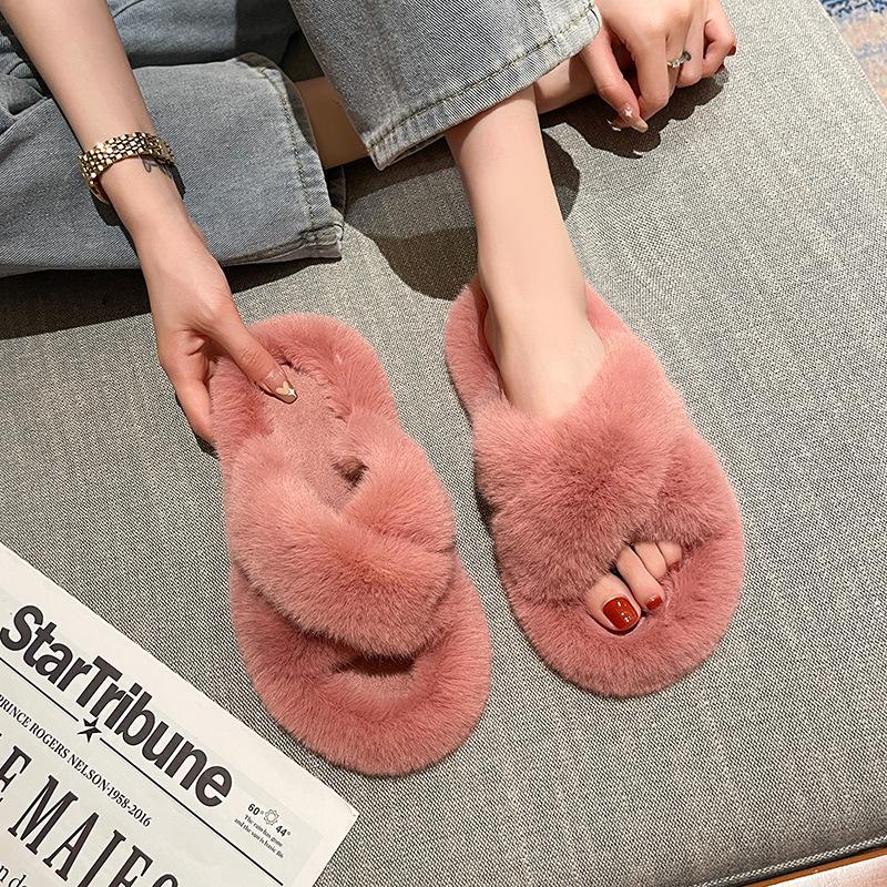 Осенняя и зимняя верхняя одежда плюшевые тапочки женские студенческие сетчатые знаменитости искусственный мех кролика крест хлопковый перетаскивание женские