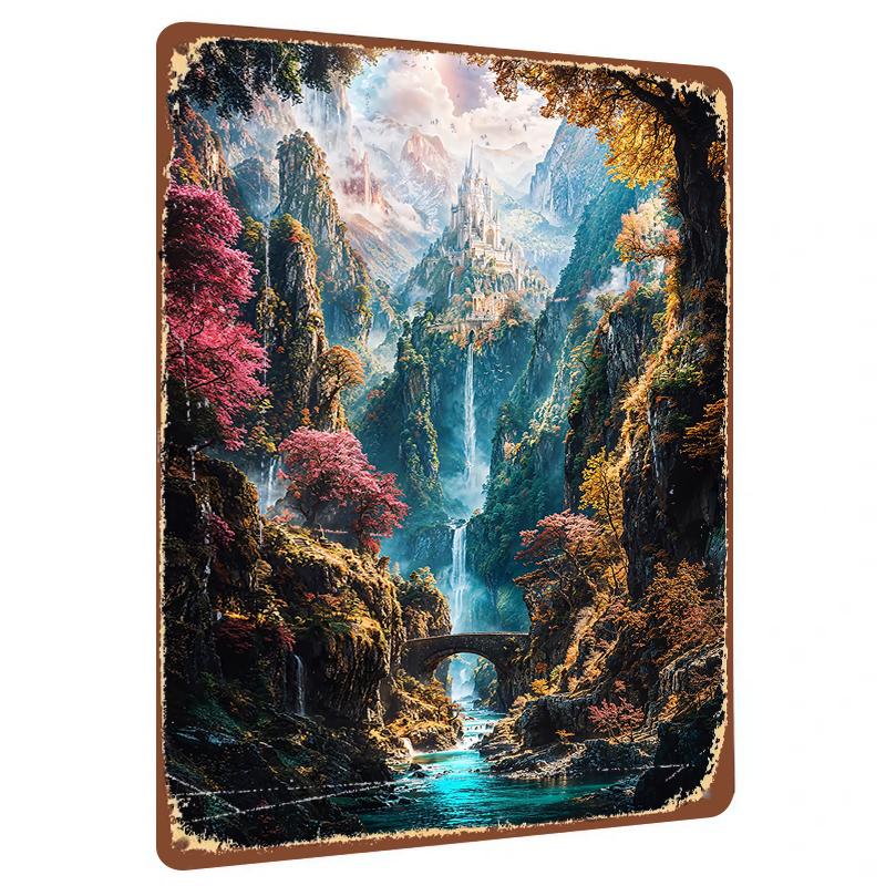 Enchanted Valley Castle Landscape Metal Wall Art European Vintage Iron Painting for Living Room Home Decor