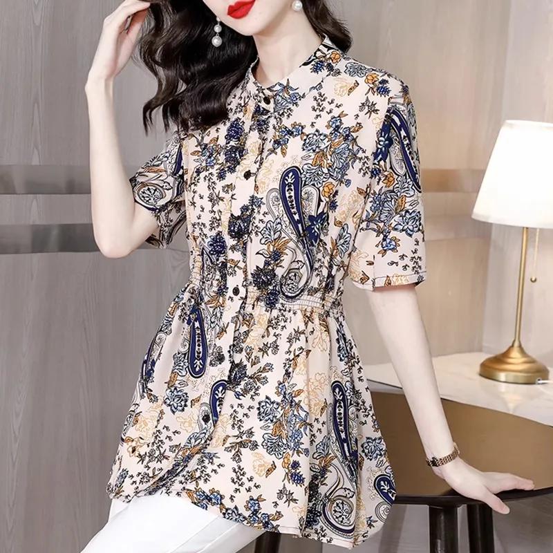 Женская летняя рубашка средней длины с коротким рукавом для мамочек, свободные повседневные топы с принтом