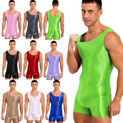 Мужской глянцевый эластичный безрукавный купальник-боди с U-образным вырезом