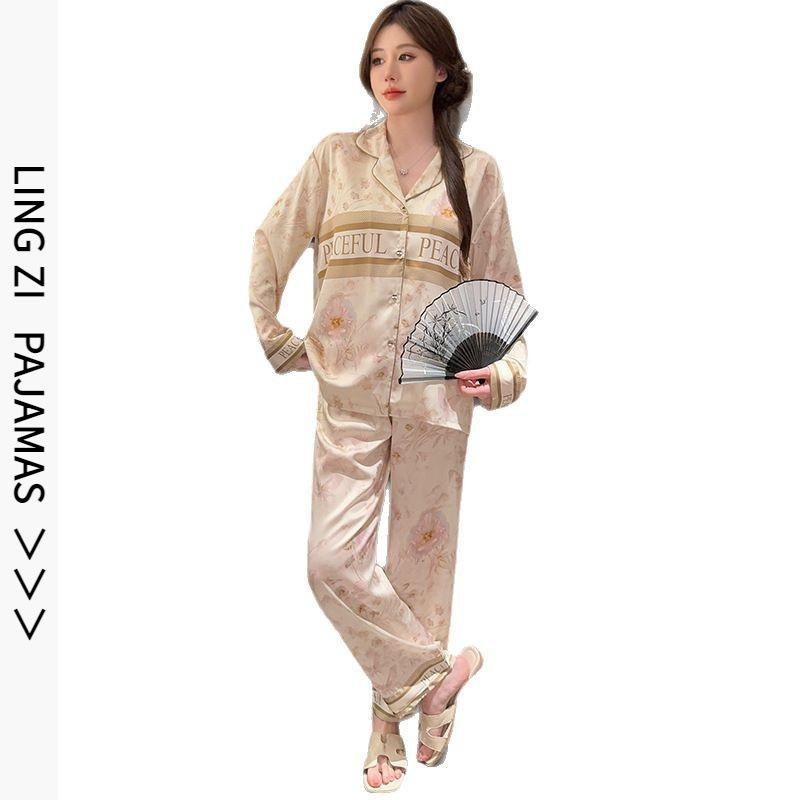 1011 new ice silk pajamas women's khaki gold butterfly printing long-sleeved trousers can be worn outside loungewear suit