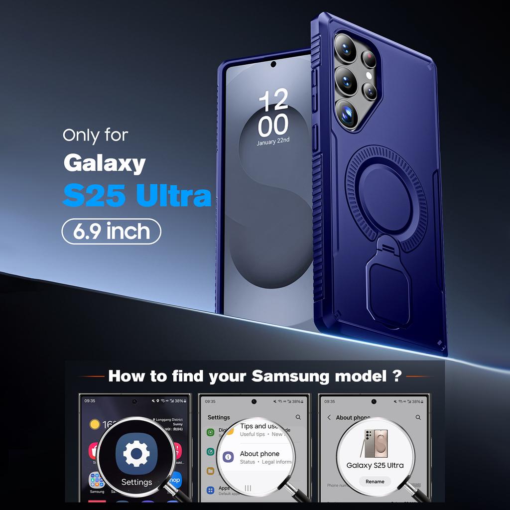 Для Samsung Galaxy S25 Ultra С подставкой с вращением на 360°, Защита военного уровня, Совместим с Magsafe, Ударопрочный чехол с подставкой-Синий