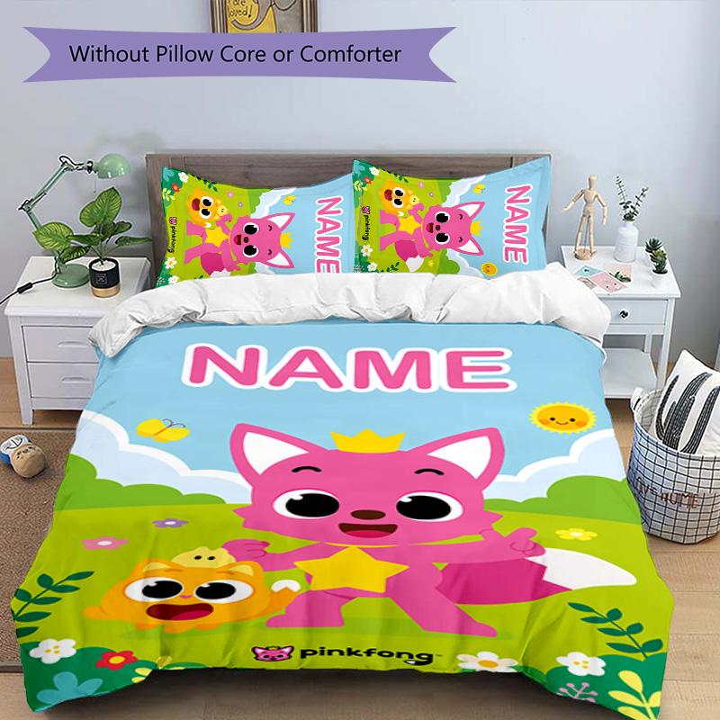 3pcs Pinkfong Shark5 Cover Set - Personalized Name, HD Printed Bedding with 1 Cover and 2 Pillowcases - Perfect for Home Decor, Easy Care
