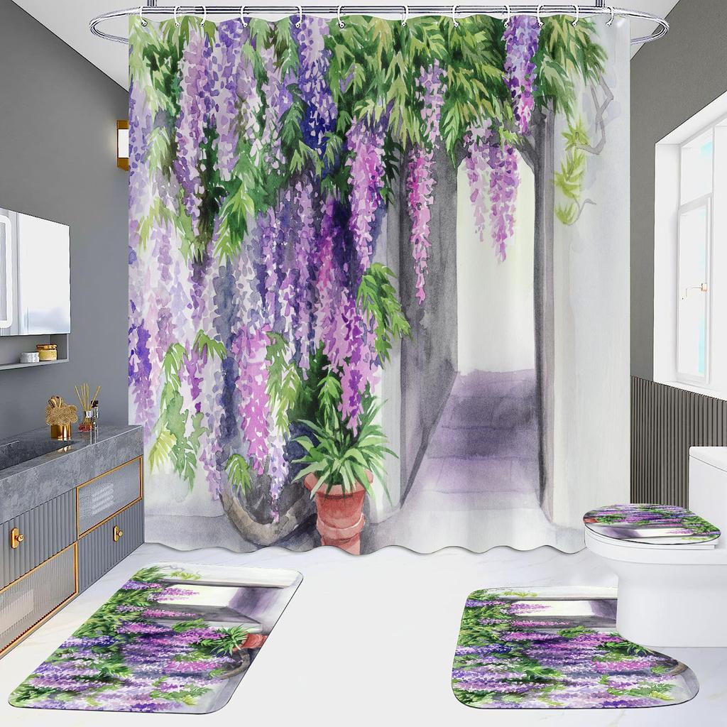 4 шт., наборы занавесок для душа в европейском стиле с архитектурой замка Мандала для ванной комнаты, нескользящие коврики для ванной комнаты, крышка для унитаза, коврик для ванной