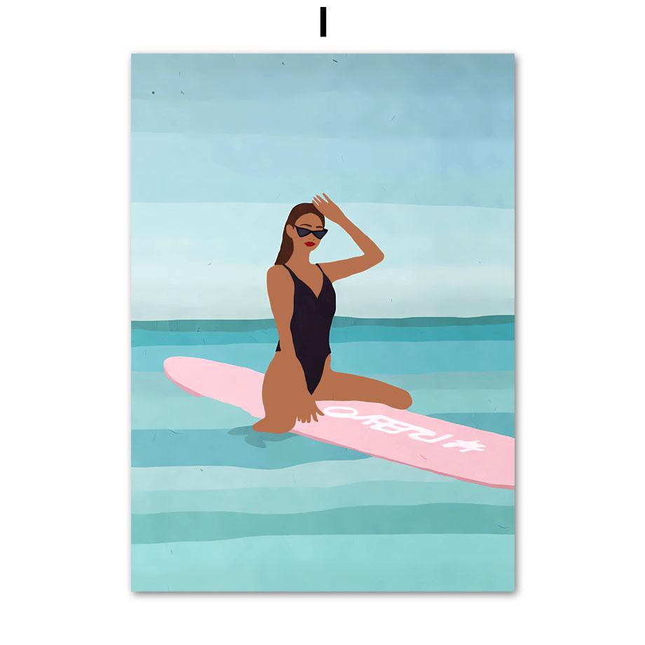 Пляж Серфинг Девушка Купальник Бассейн Закат Абстрактные Плакаты Печать Холст Картина Настенные Картины Для Гостиной Домашний Декор