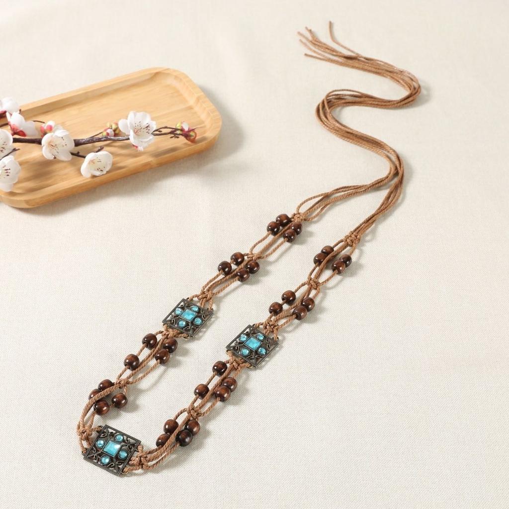 National Style Butterfly Women Belt Aesthetic Waist Chain Hemp Rope Braided Big Beads Dress Plait Belt Casual Thin Belt for Dress